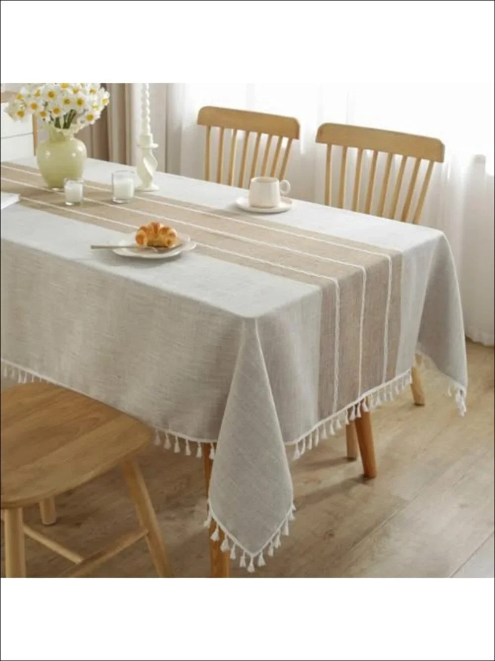 Cotton Linen Tablecloth Rectangular Tassels Waterproof Farmhouse Dining Cover